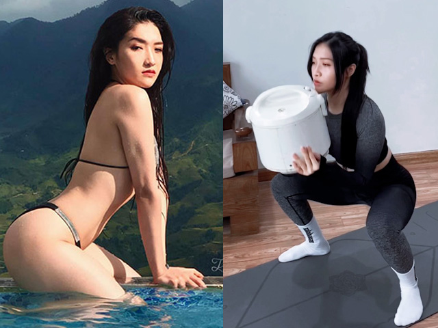 Hot girl Gym Trang Trit third round 94 cm uses a rice cooker instead of weights to practice at home during the epidemic season