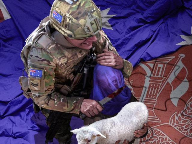 Is the image of an Australian soldier holding a knife to the baby's neck real or fake?  Is China's explanation confusing?