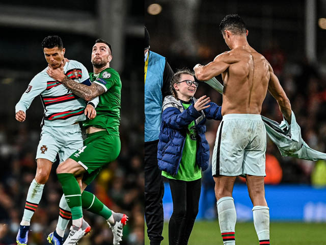 Hốt hoảng Ronaldo bị đối phương bóp cổ, hành động gây sốt với fan nữ nhí