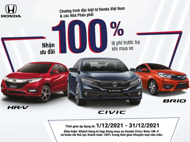 Nhận ưu đãi 100% lệ phí trước bạ khi mua Honda Civic, HR-V và Brio trong tháng 12