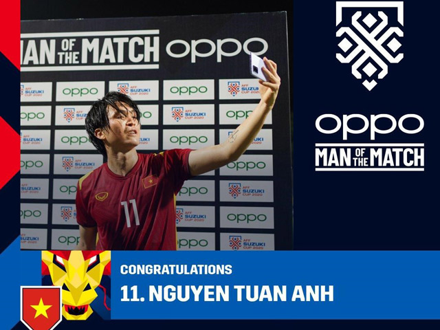 Cầu thủ Nguyễn Tuấn Anh đoạt danh hiệu “Man of the Match” với phần thưởng là OPPO A95 trong trận Việt Nam – Malaysia tại AFF Suzuki Cup 2020