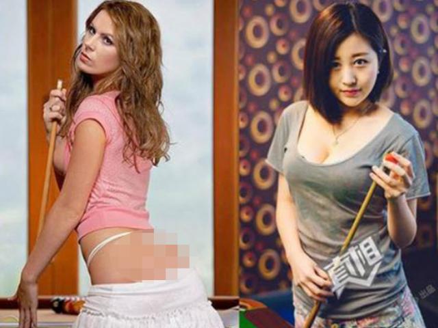 5 female billiard referees wear late clothes, each time bowing to the audience 